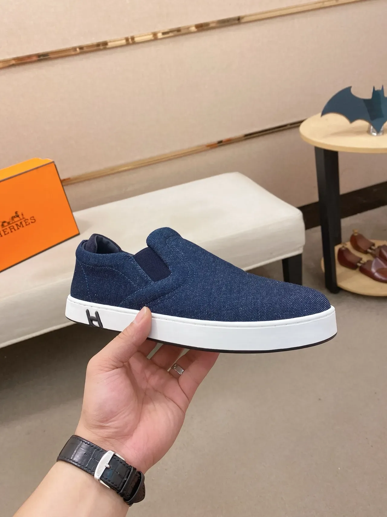 Hermès H 海军蓝牛仔一脚蹬生活休闲鞋 4