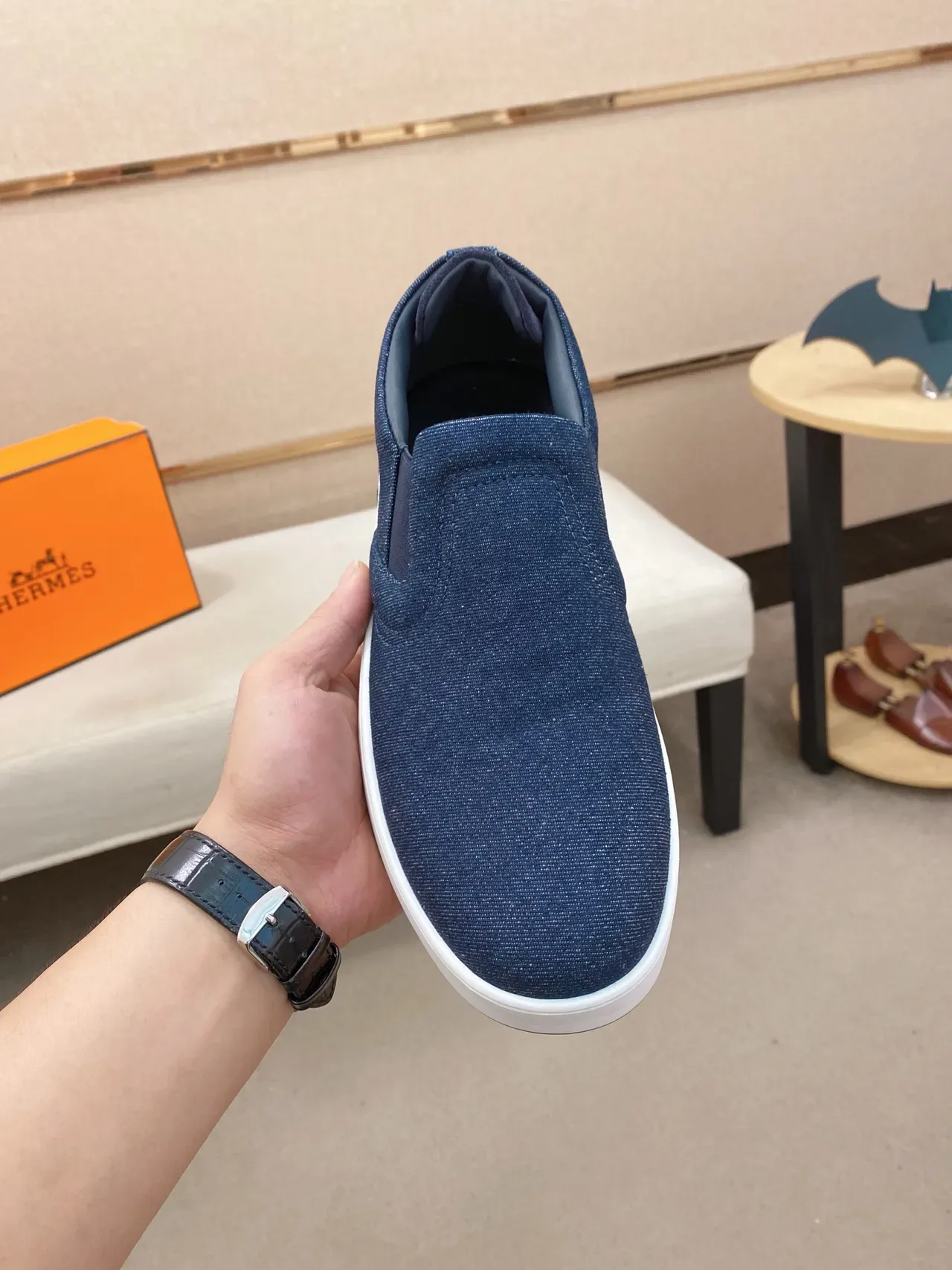 Hermès H 海军蓝牛仔一脚蹬生活休闲鞋 5