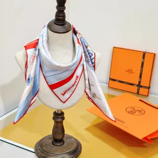 Hermès 'Mystery of No. 24' हल्का नीला लाल सफेद रेशम का स्कार्फ