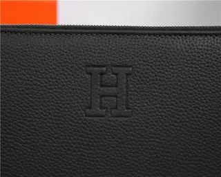 Hermès Bleu marine Cuir texturé grainé Logo H embossé wristlet 14