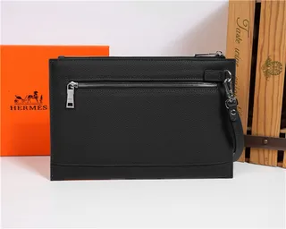 Hermès Bleu marine Cuir texturé grainé Logo H embossé wristlet 16