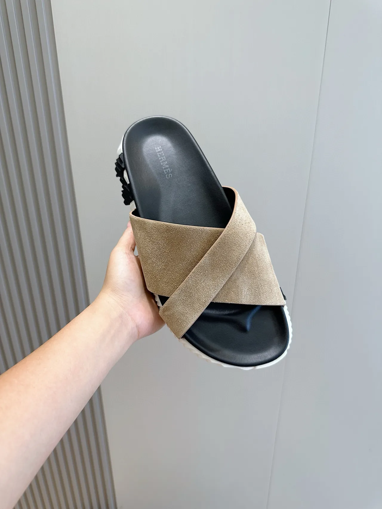 Hermès Oran Beige Suede Cross-Strap Slippers 4