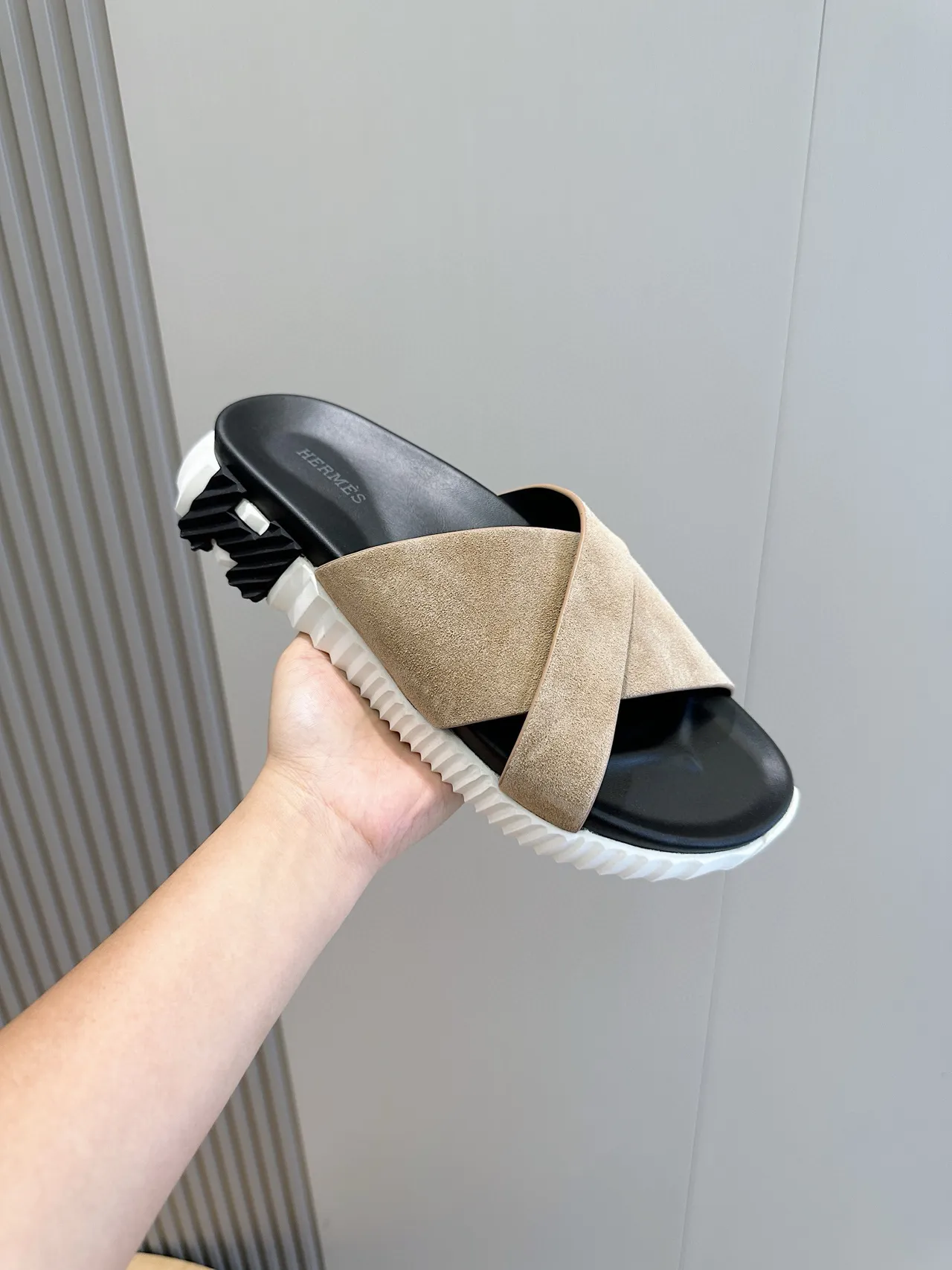 Hermès Oran Beige Suede Cross-Strap Slippers 5