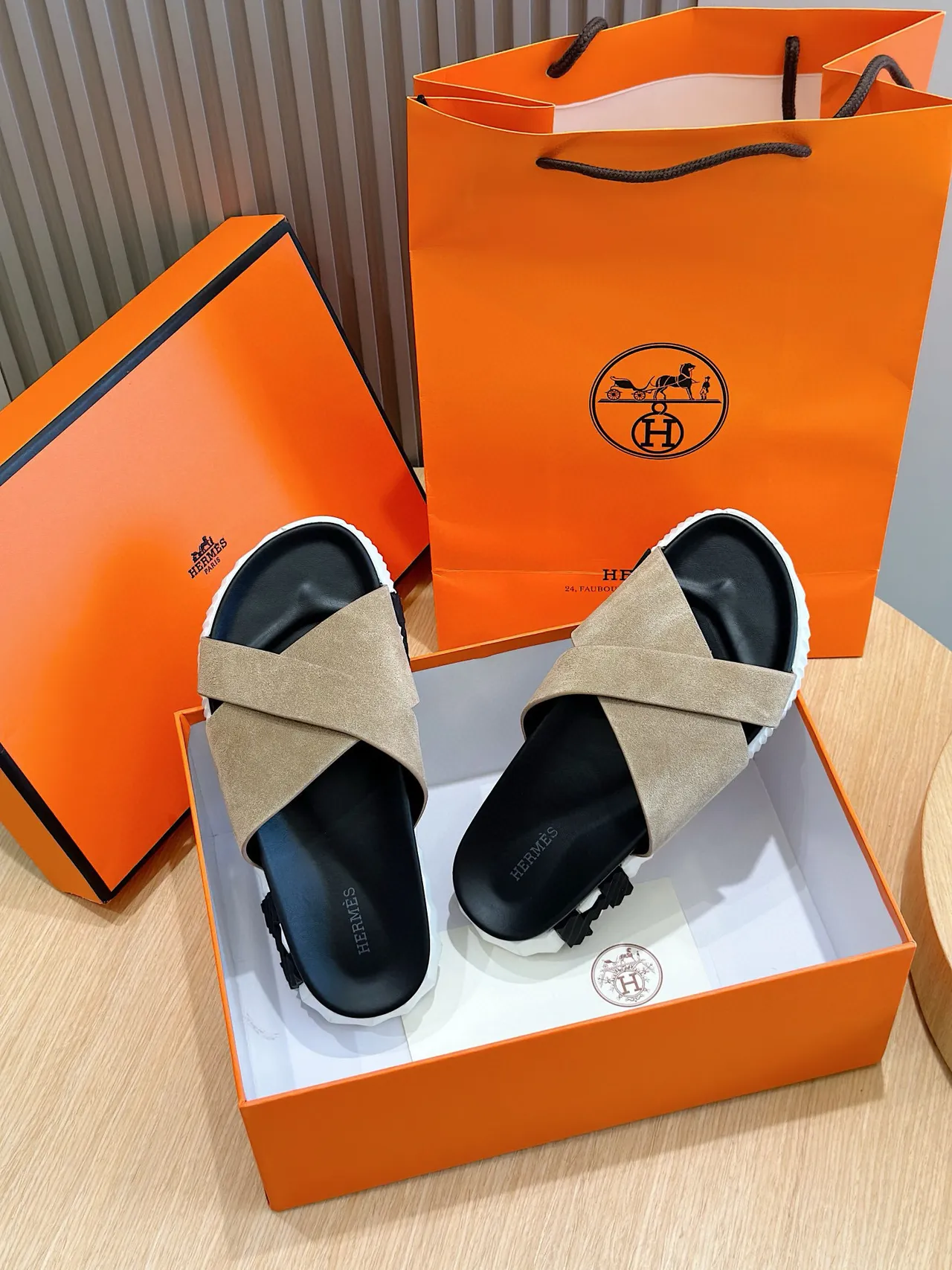 Hermès Oran Beige Suede Cross-Strap Slippers 8