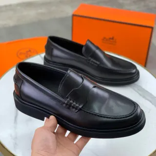 Hermès Oran أسود جلد مصقول Penny Loafer