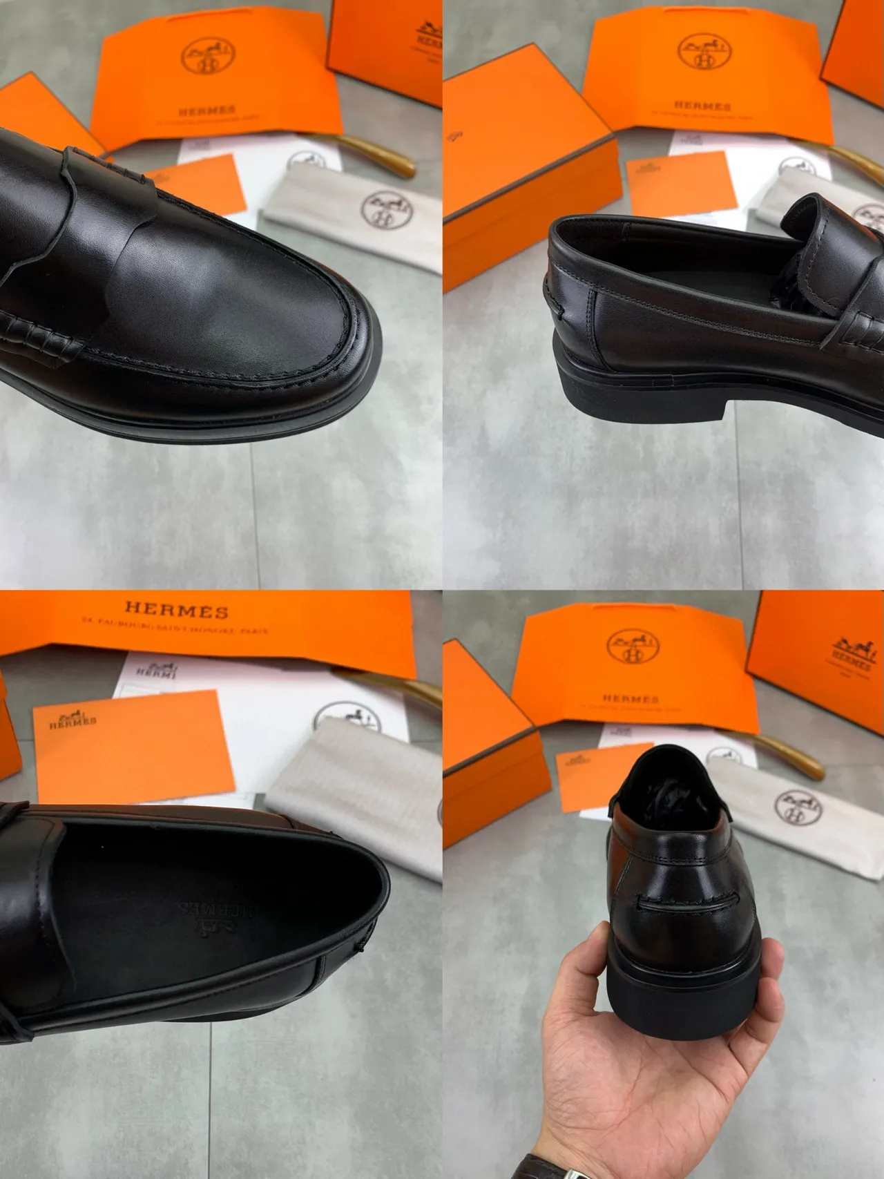 Hermès Oran أسود جلد مصقول Penny Loafer 6