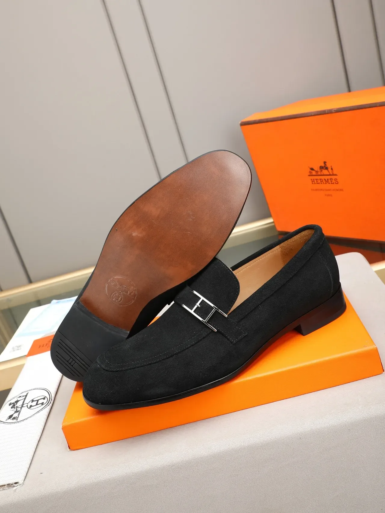 Hermès Oran Black Suede H-Buckle Loafer 4