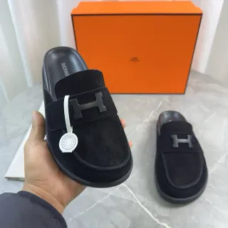Hermès Oran काला सुड H-Logo पट्टा लूफर्स