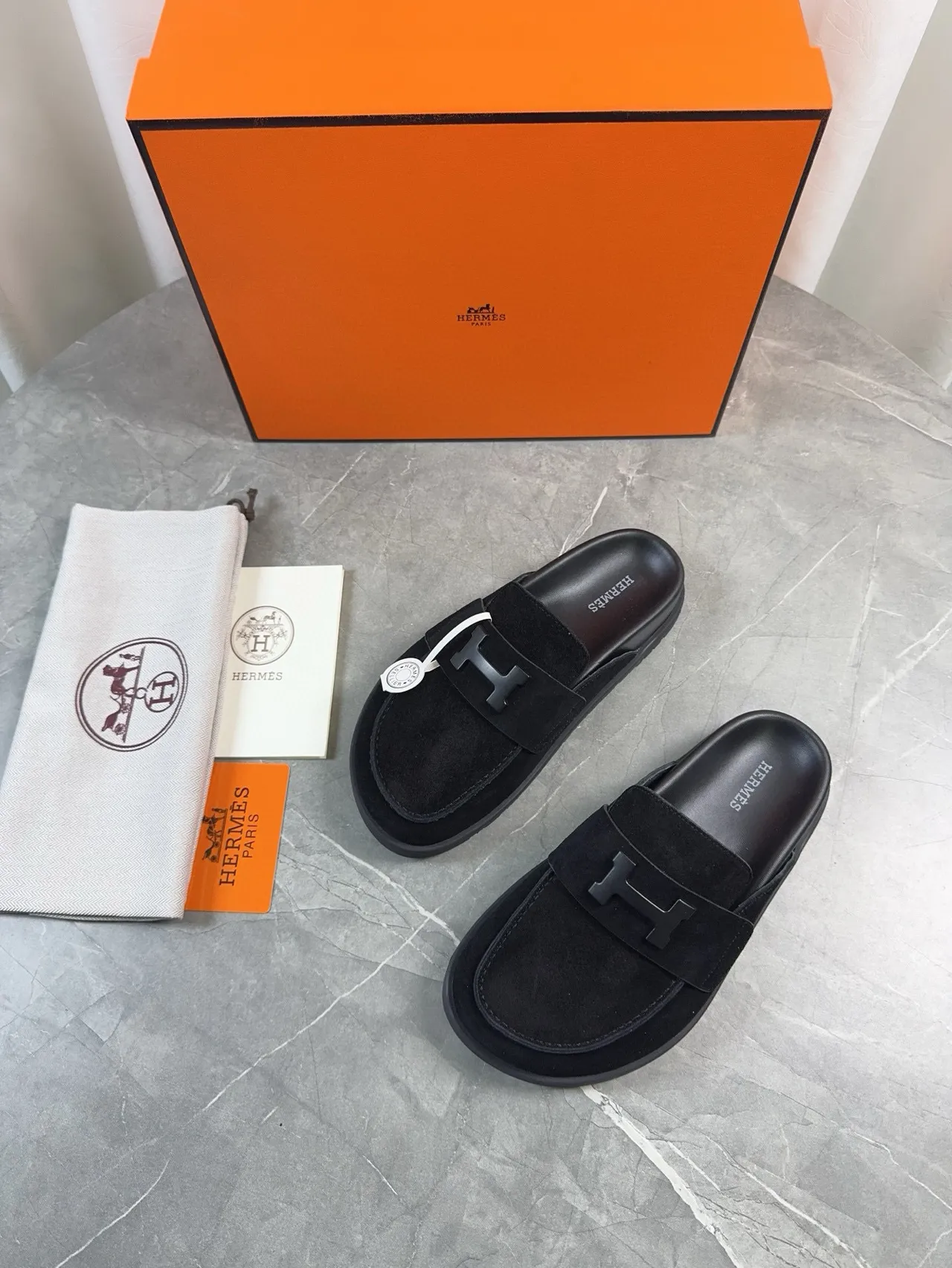 Hermès Oran Black Suede H-Logo Strap Loafers 3