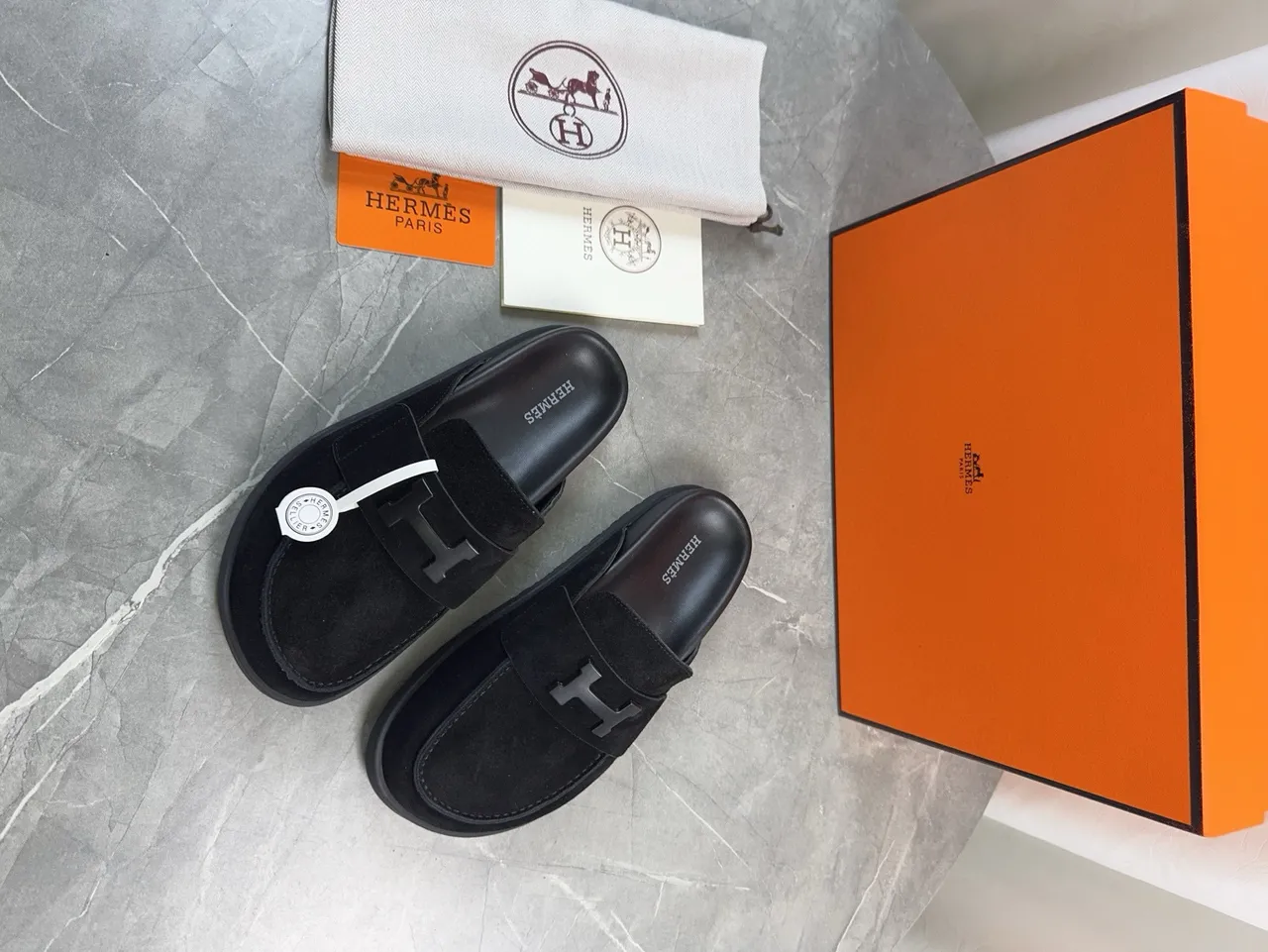 Hermès Oran Black Suede H-Logo Strap Loafers 5