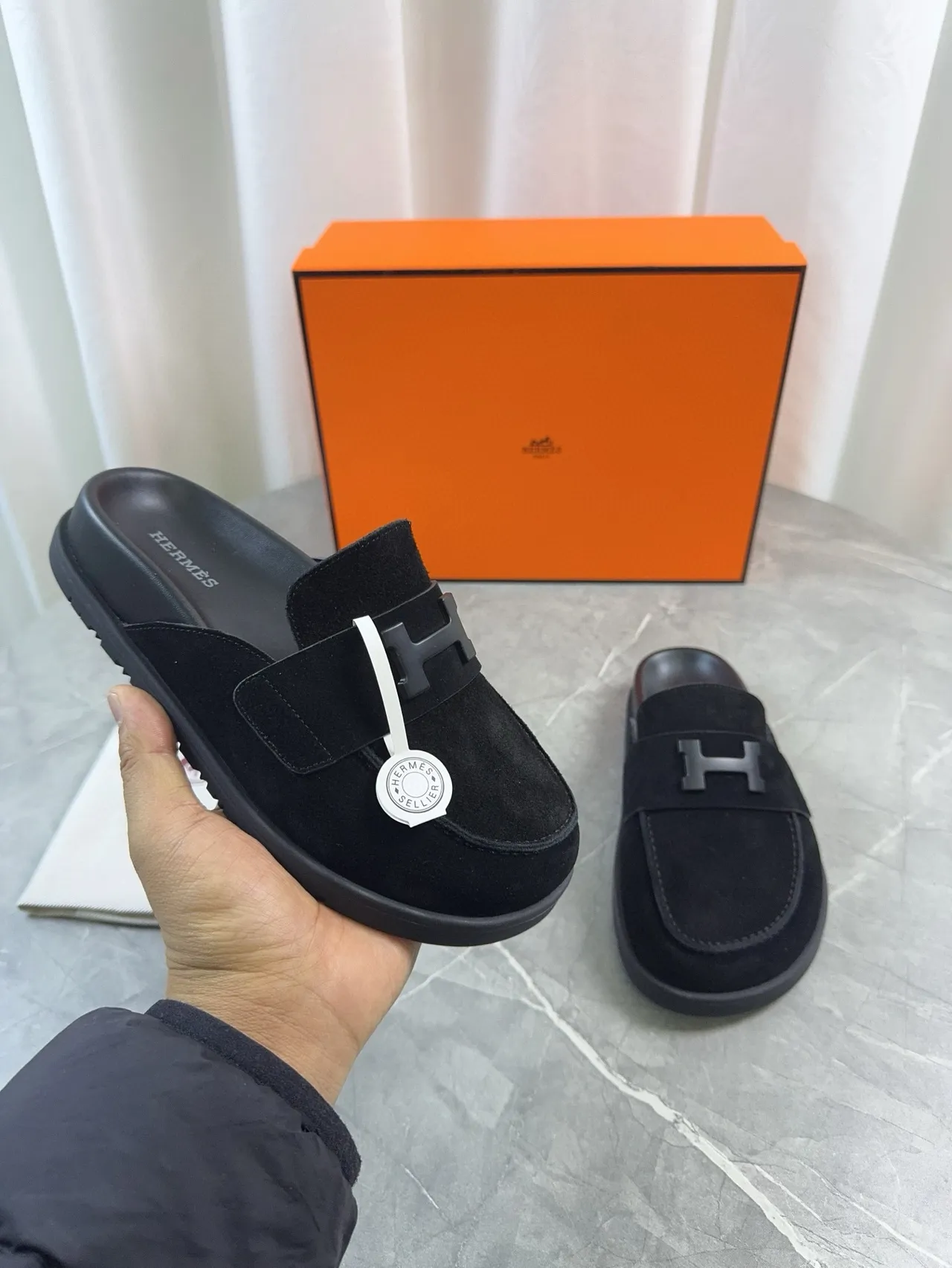 Hermès Oran Black Suede H-Logo Strap Loafers 7