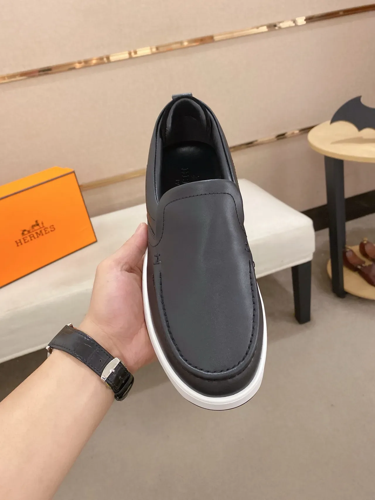 Hermès Oran Black White Slip-On Leather Upper Loafer 5