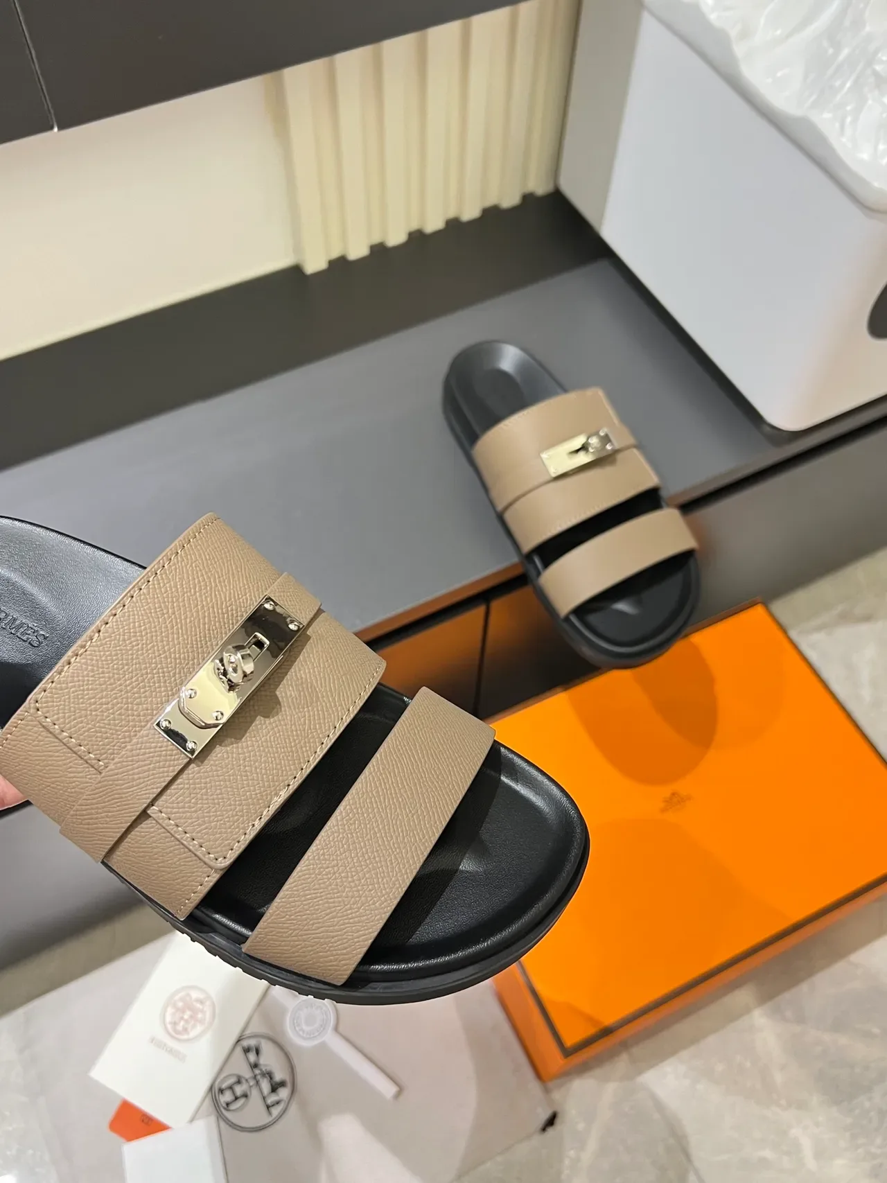 Hermès Oran Blue Silver Double-Strap Metal Turn-Lock Buckle Slippers 4
