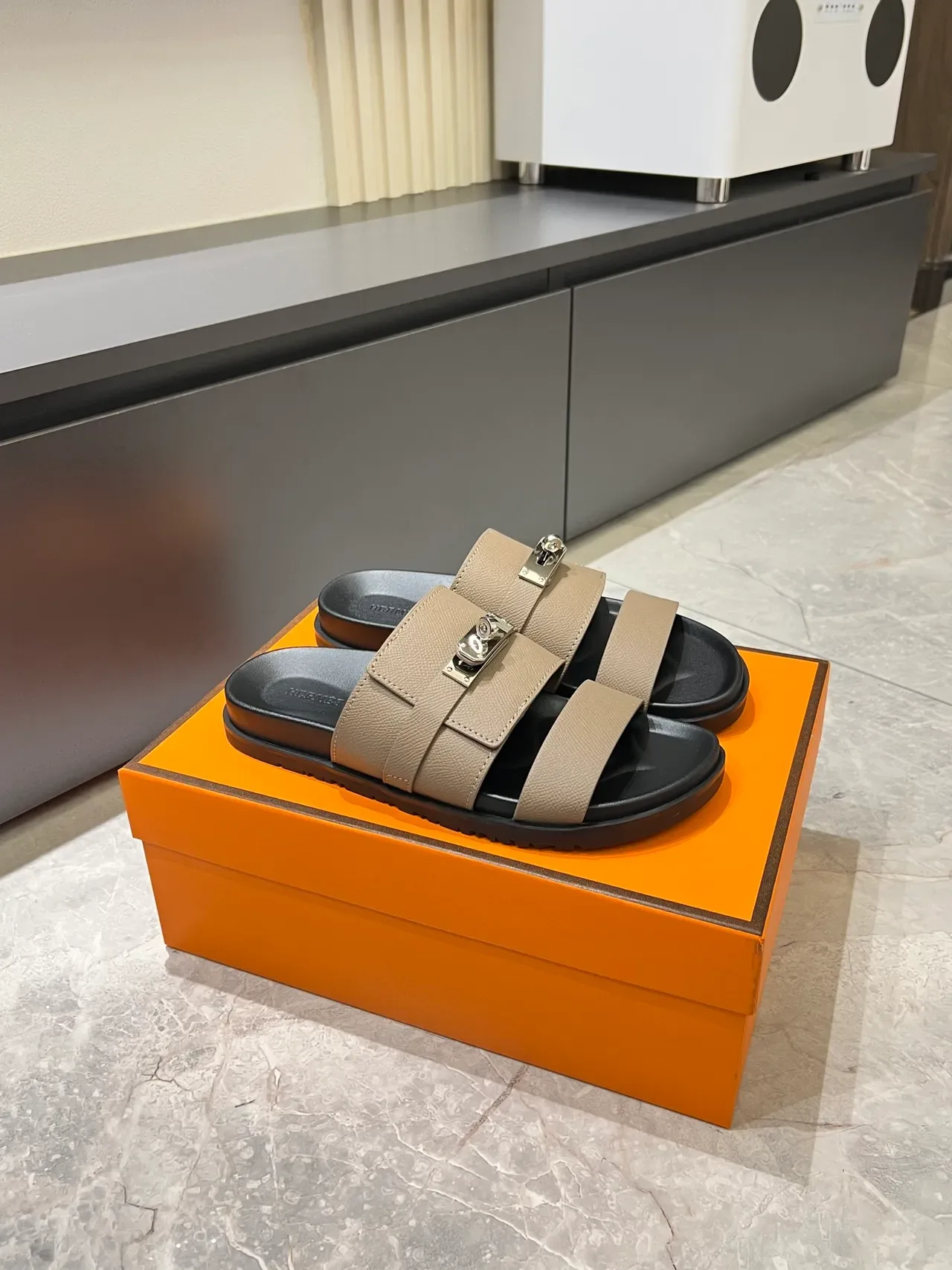 Hermès Oran Blue Silver Double-Strap Metal Turn-Lock Buckle Slippers 10