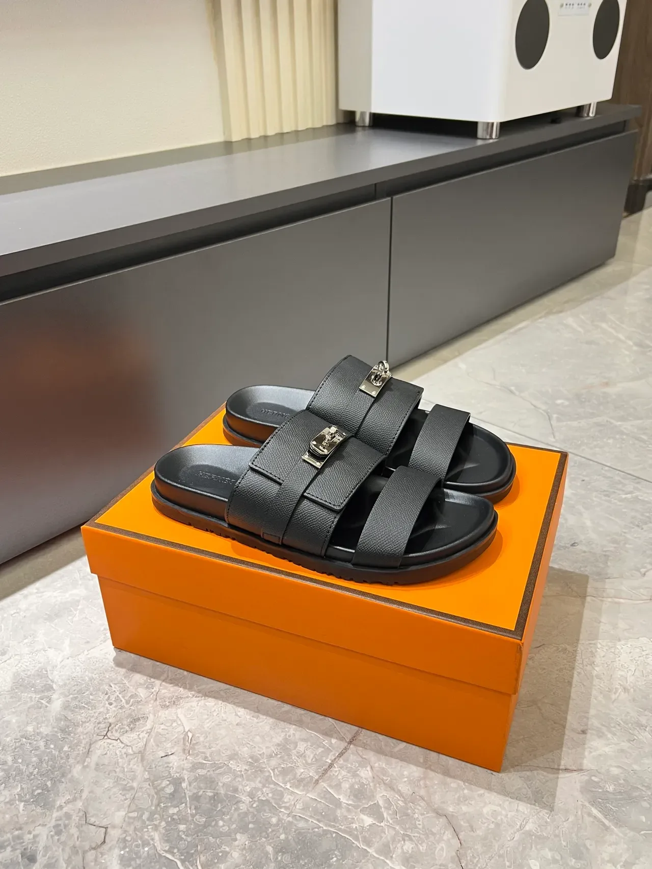 Hermès Oran Blue Silver Double-Strap Metal Turn-Lock Buckle Slippers 11