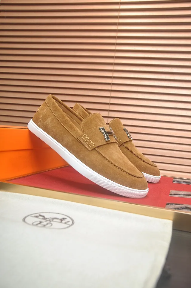 Hermès Oran বাদামি সাদা সুয়েড উপরের অংশ এইচ-আকৃতির ধাতুর বাকল লোফার 2