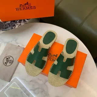 هيرميس أوران جلد أخضر H-Strap Espadrille صنادل