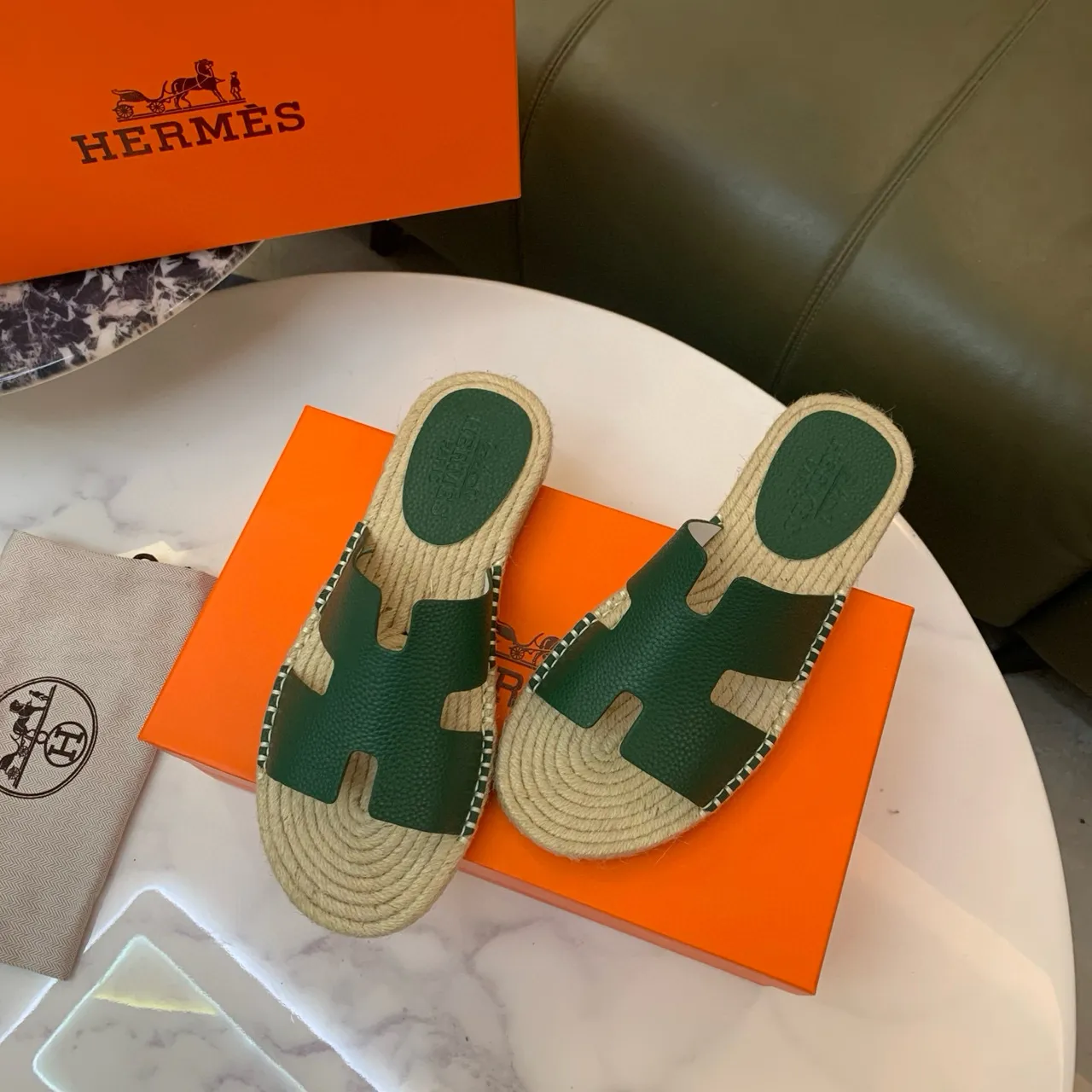 Hermès Oran Green Leather H-Strap Espadrille Slippers 2