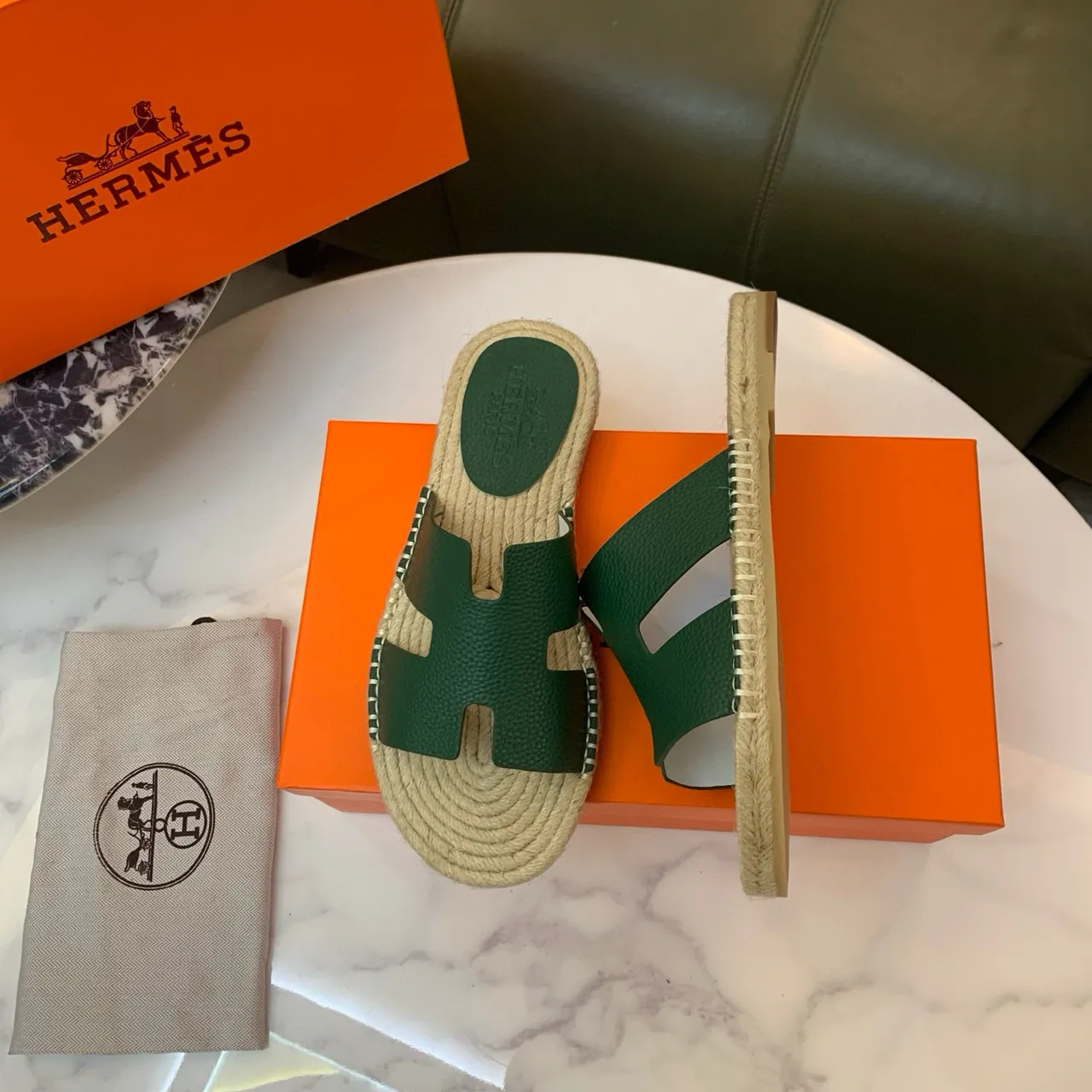 Hermès Oran Green Leather H-Strap Espadrille Slippers 3