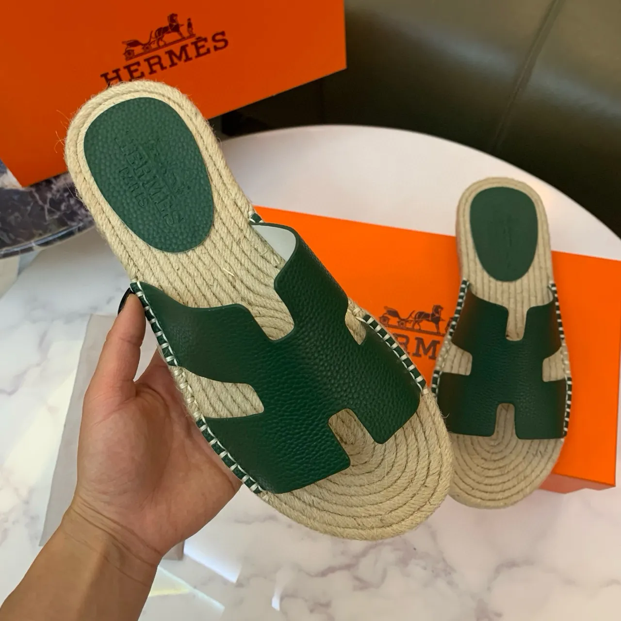 Hermès Oran Green Leather H-Strap Espadrille Slippers 4
