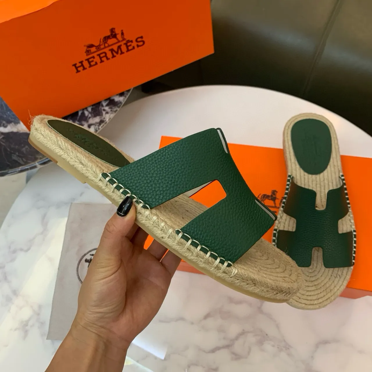 Hermès Oran Green Leather H-Strap Espadrille Slippers 5