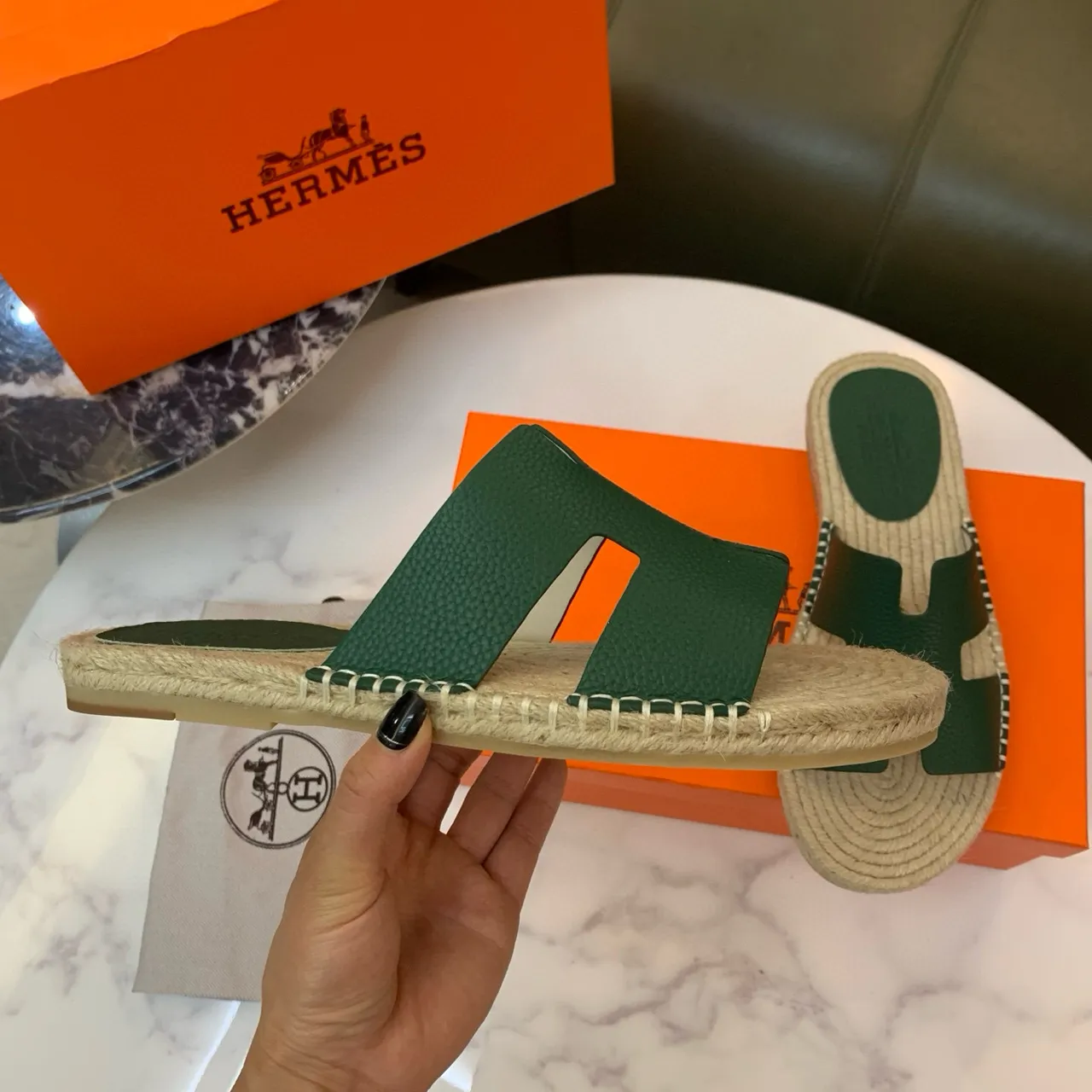 Hermès Oran Green Leather H-Strap Espadrille Slippers 6