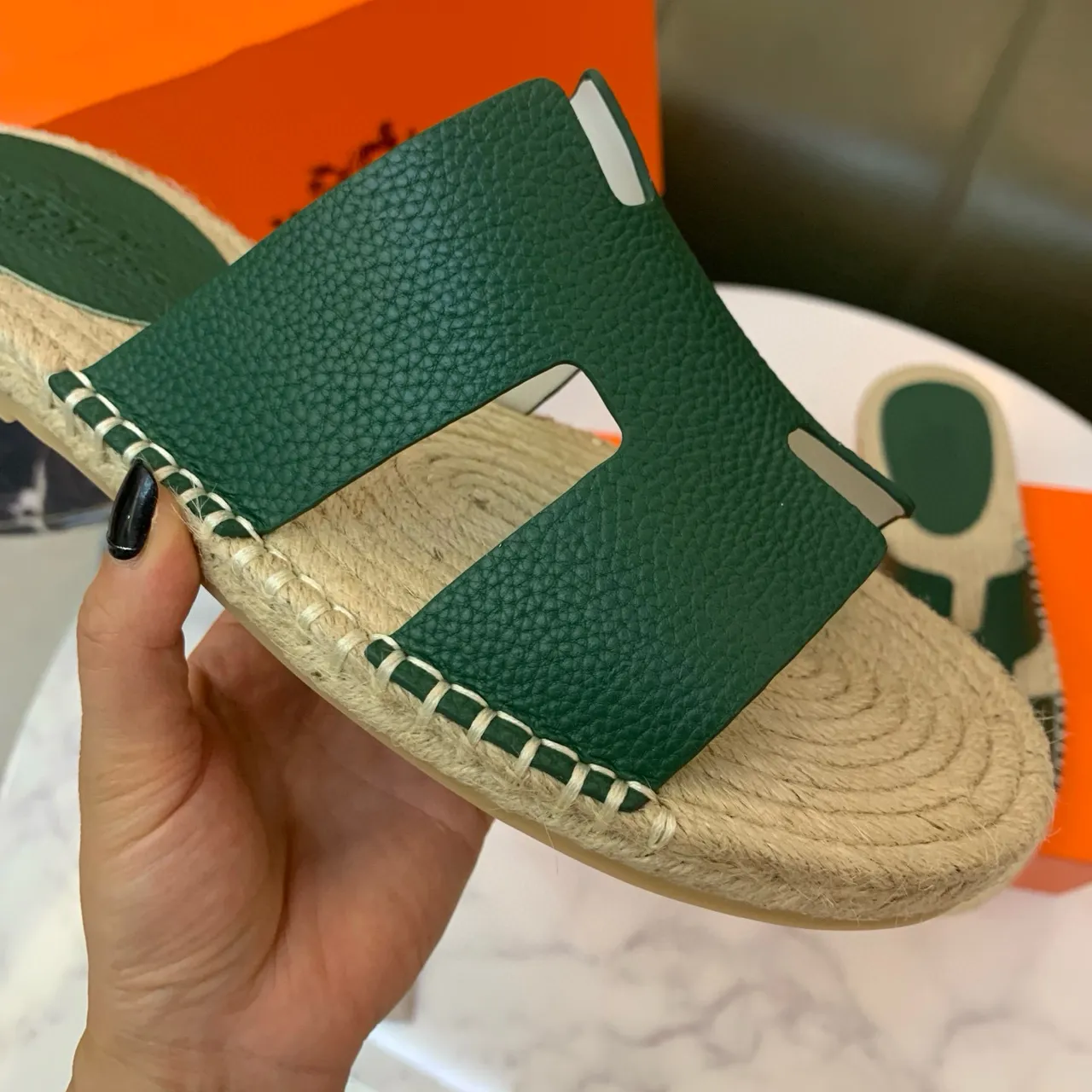 Hermès Oran Green Leather H-Strap Espadrille Slippers 7
