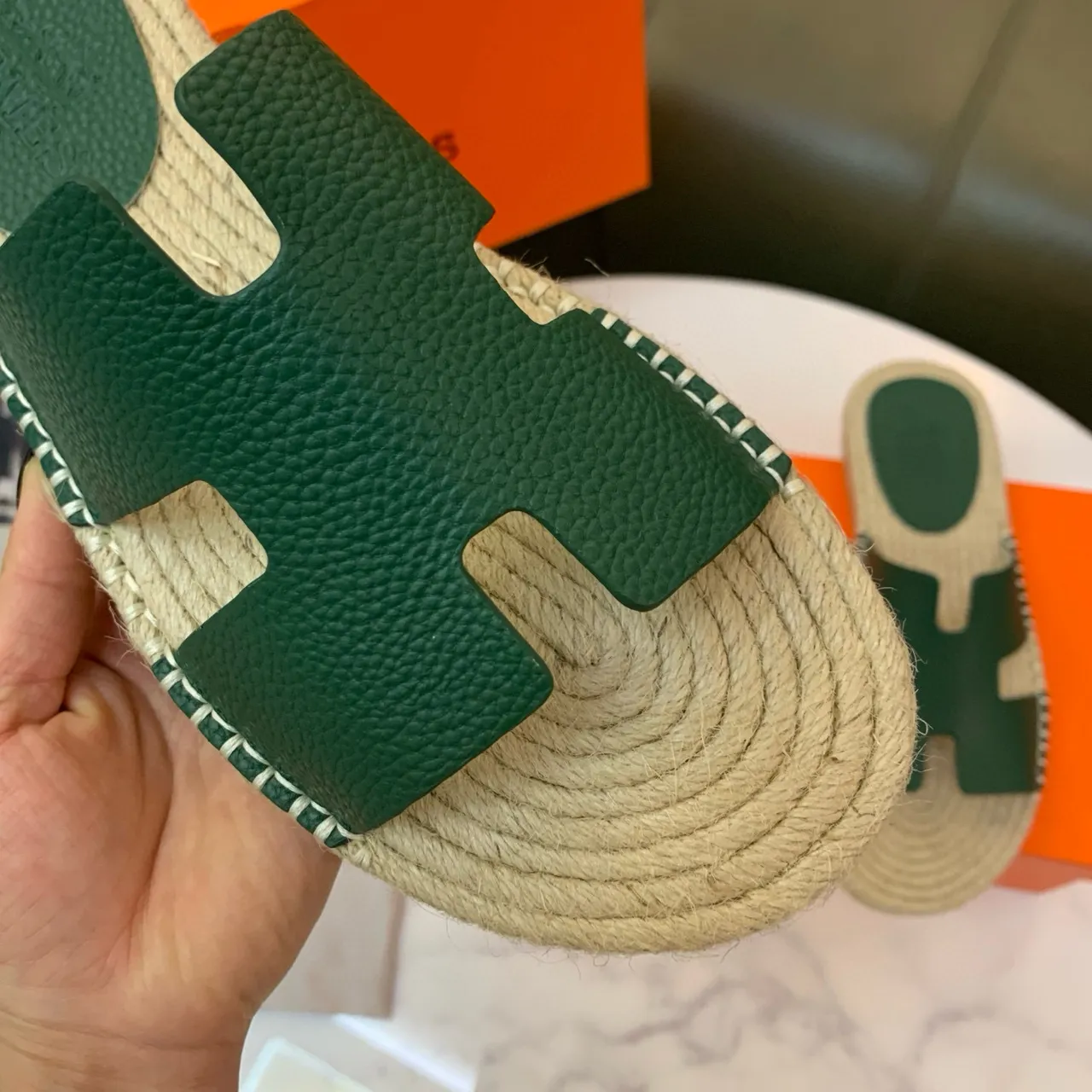 Hermès Oran Green Leather H-Strap Espadrille Slippers 8