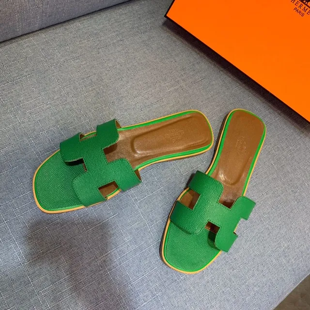 Hermès Oran Green Yellow H-Shaped Strap Textured Leather Slippers 3