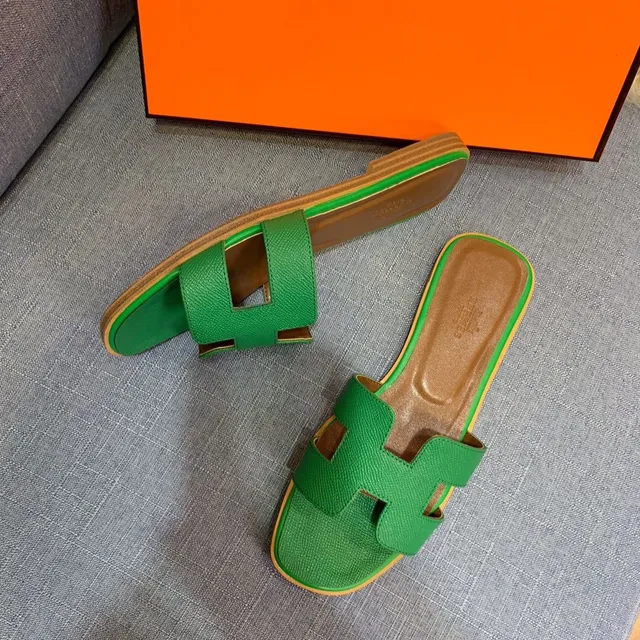 Hermès Oran Green Yellow H-Shaped Strap Textured Leather Slippers 4