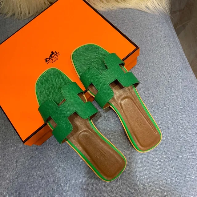 Hermès Oran Green Yellow H-Shaped Strap Textured Leather Slippers 5