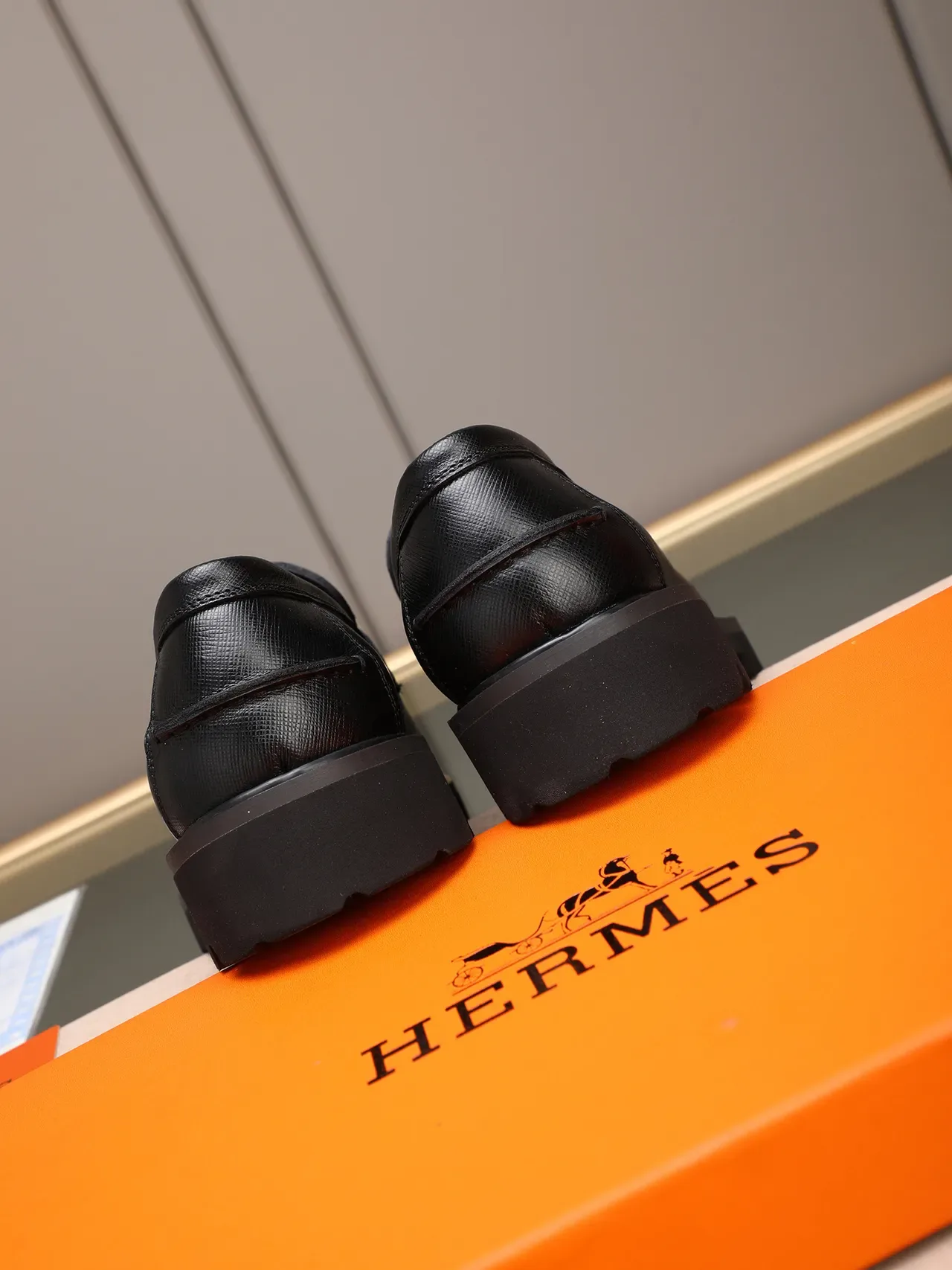 Hermès Oran Loafer Black Textured Leather Horsebit Buckle Lug Sole Loafer 4