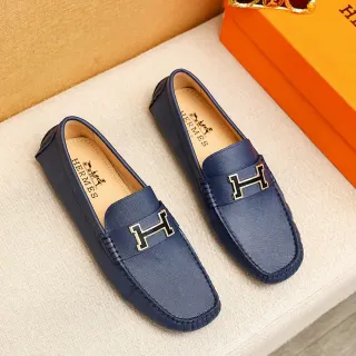 爱马仕 Oran 海军蓝 Saffiano 皮革 金色 H 扣 乐福鞋
