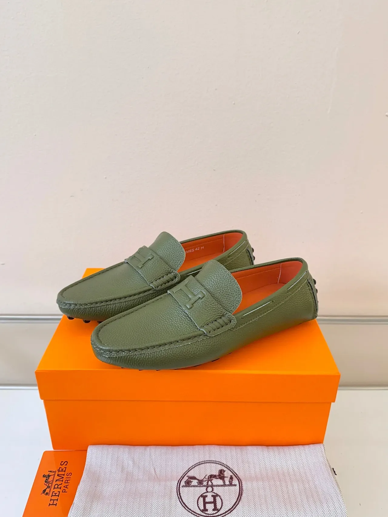 Hermès Oran Loafer Olive Green Pebbled Leather Loafers 2