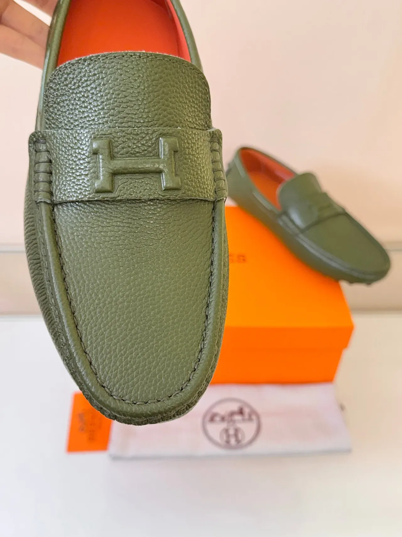 Hermès Oran Loafer Olive Green Pebbled Leather Loafers 3
