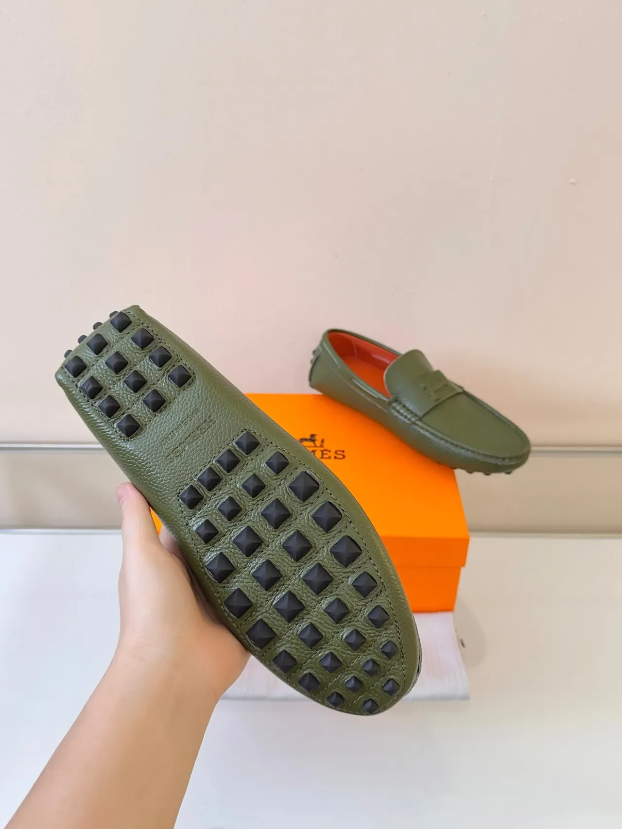Hermès Oran Loafer Olive Green Pebbled Leather Loafers 5