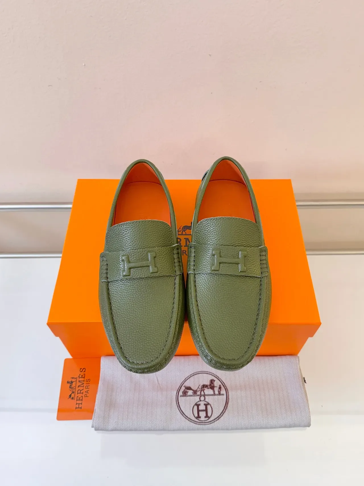 Hermès Oran Loafer Olive Green Pebbled Leather Loafers 6