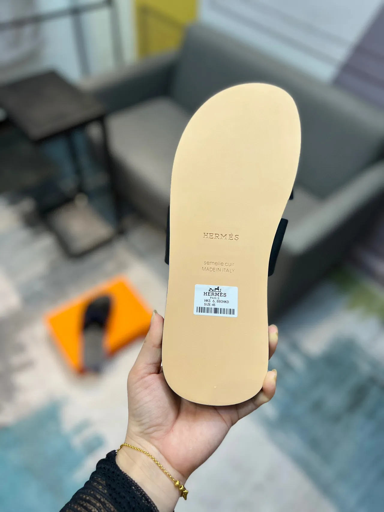 Hermès Oran Slide Preto Azul Cinta em Forma de H Couro Matte Superior Chinelos 9