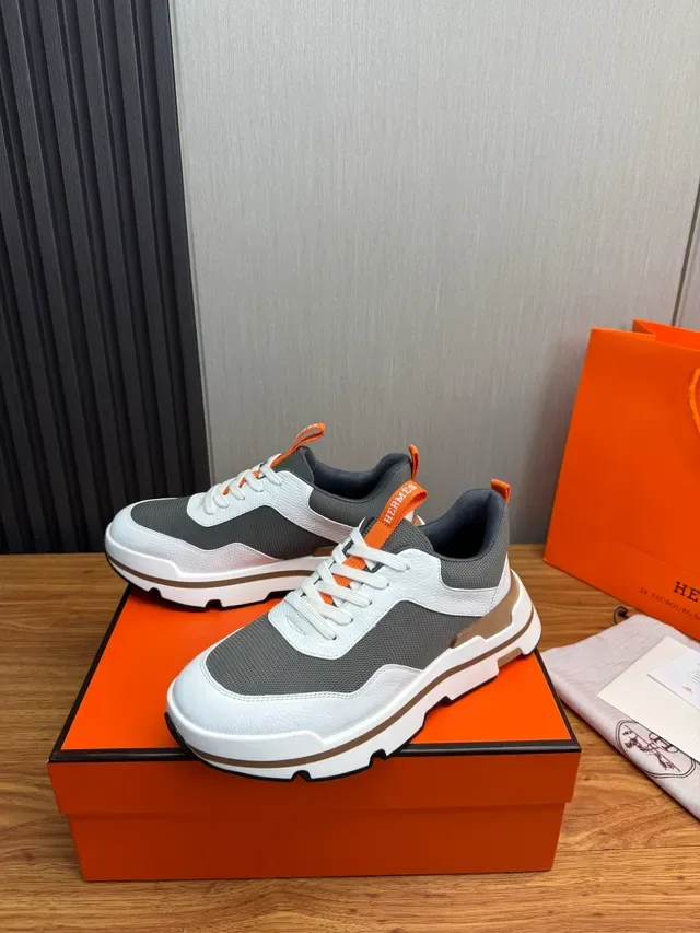 Hermès সাদা ধূসর চাঙ্কি সোল মিক্সড লেদার-মেশ আপার স্নিকার্স 5