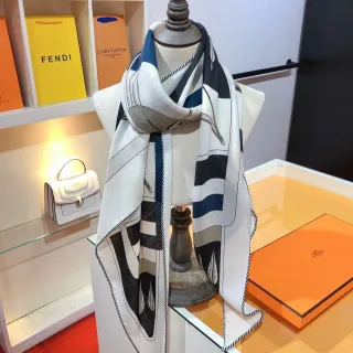 Hermès Blanc Marine Impression Géométrique à Plume Design Double-Face Identique Écharpe de Soie