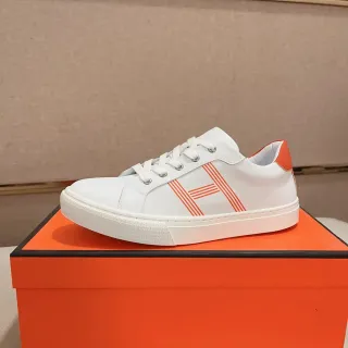 Hermès White Orange Leather Upper Low-Top Lifestyle Sneakers