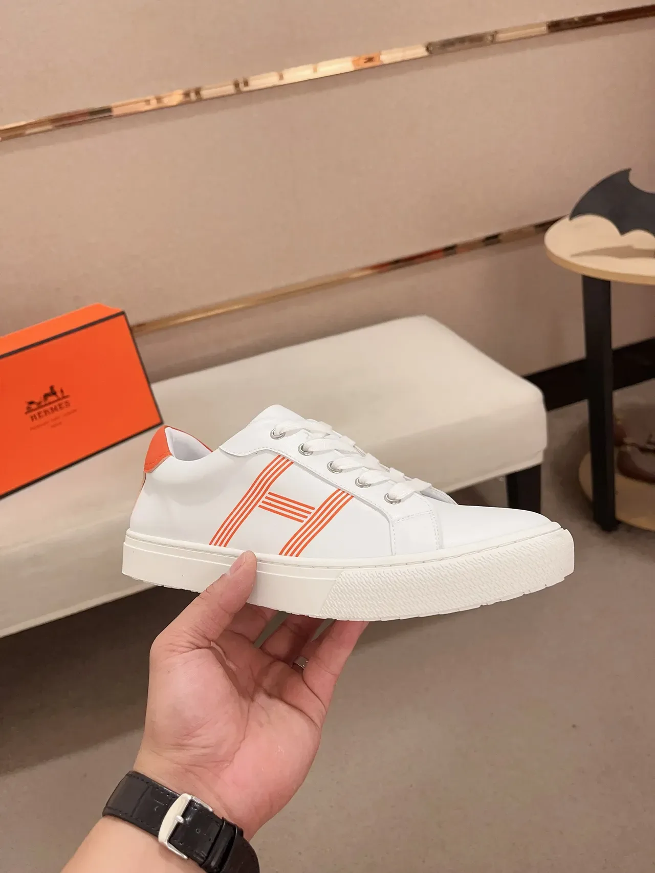 Hermès White Orange Leather Upper Low-Top Lifestyle Sneakers 4