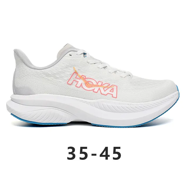 Hoka Mach 6 أبيض وردي طبقة الخياطة المُهندسة وسط القدم السميك المنحوت أحذية الجري 4