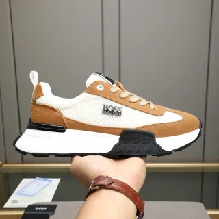 Hugo Boss Zapatillas beige y marrón de malla y ante con paneles de construcción y midsole esculpido en blanco