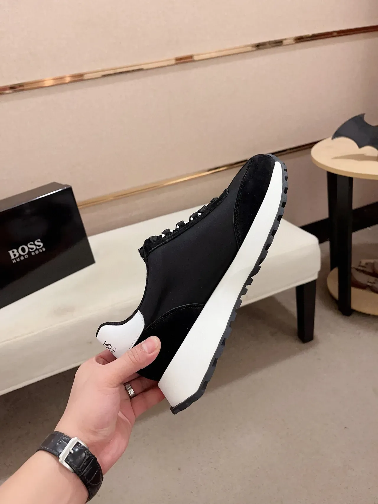 Hugo Boss أسود أبيض جلد الغزال والنسيج العلوي منصة النعل أسلوب حياة 5