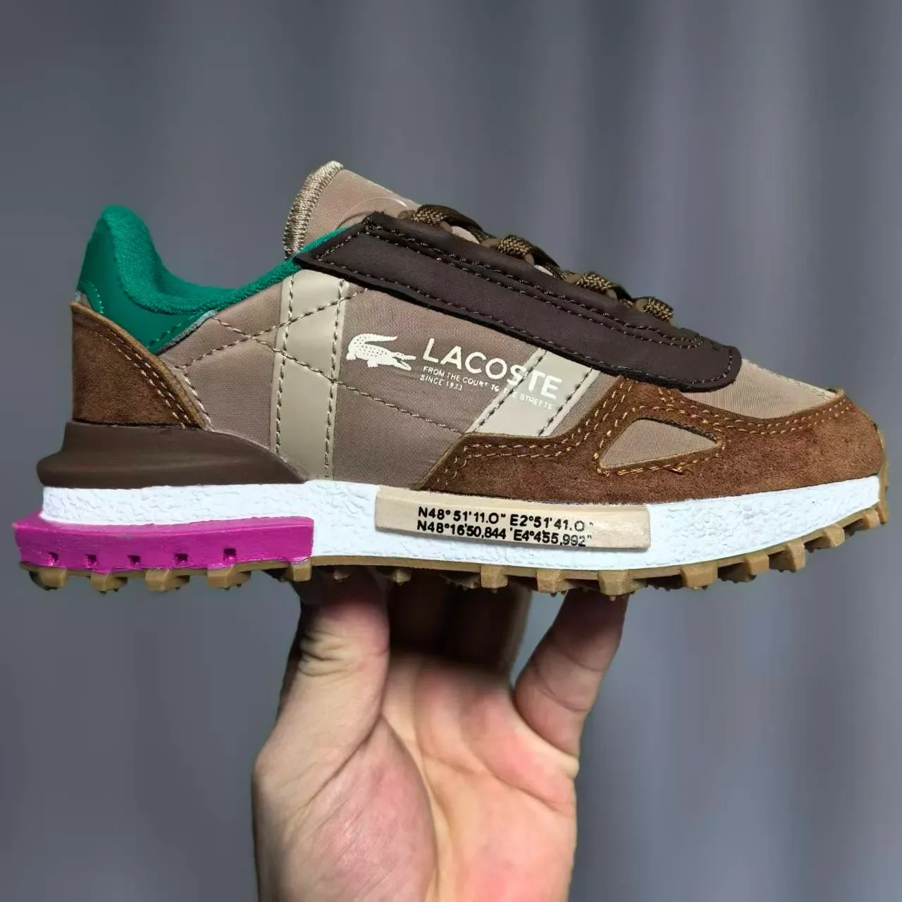 Lacoste Beige Vert Rétro Runner Silhouette Couches Synthétique Maille Supérieure Sneakers 4