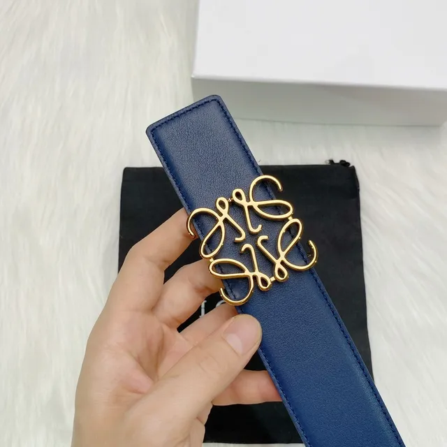 Loewe Anagram নৌবাহিনী সোনালি মসৃণ পূর্ণ-দানা বাকেল চামড়া বেল্ট 2