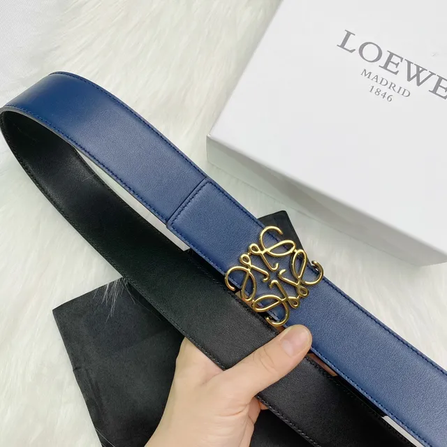 Loewe Anagram নৌবাহিনী সোনালি মসৃণ পূর্ণ-দানা বাকেল চামড়া বেল্ট 3