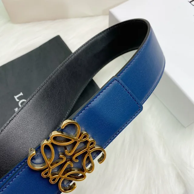 Loewe Anagram নৌবাহিনী সোনালি মসৃণ পূর্ণ-দানা বাকেল চামড়া বেল্ট 4