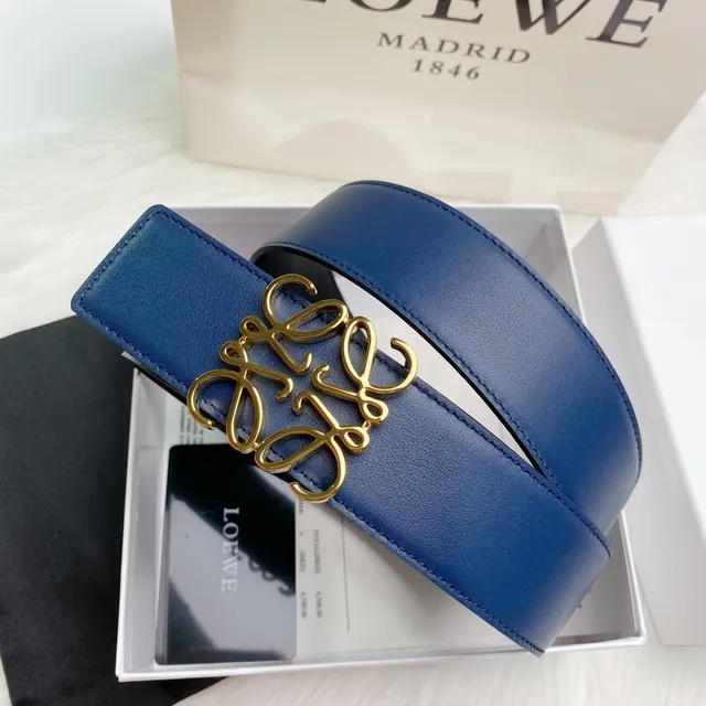 Loewe Anagram নৌবাহিনী সোনালি মসৃণ পূর্ণ-দানা বাকেল চামড়া বেল্ট 5